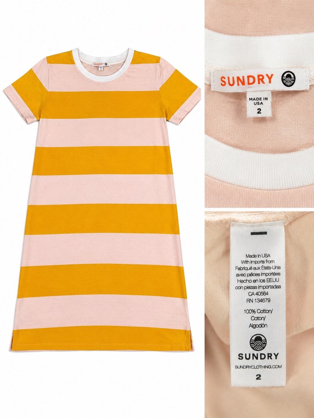 Sundry Pink Yellow Stripe T-Shirt Dress Size 2 Made in USA rugby